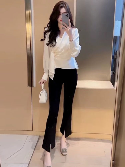Stylish Formal V-Neck Long Sleeves Satin Tops